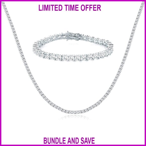 18K Gold Plated Tennis Necklace Bracelet Set Cubic Zirconia Jewelry Gift